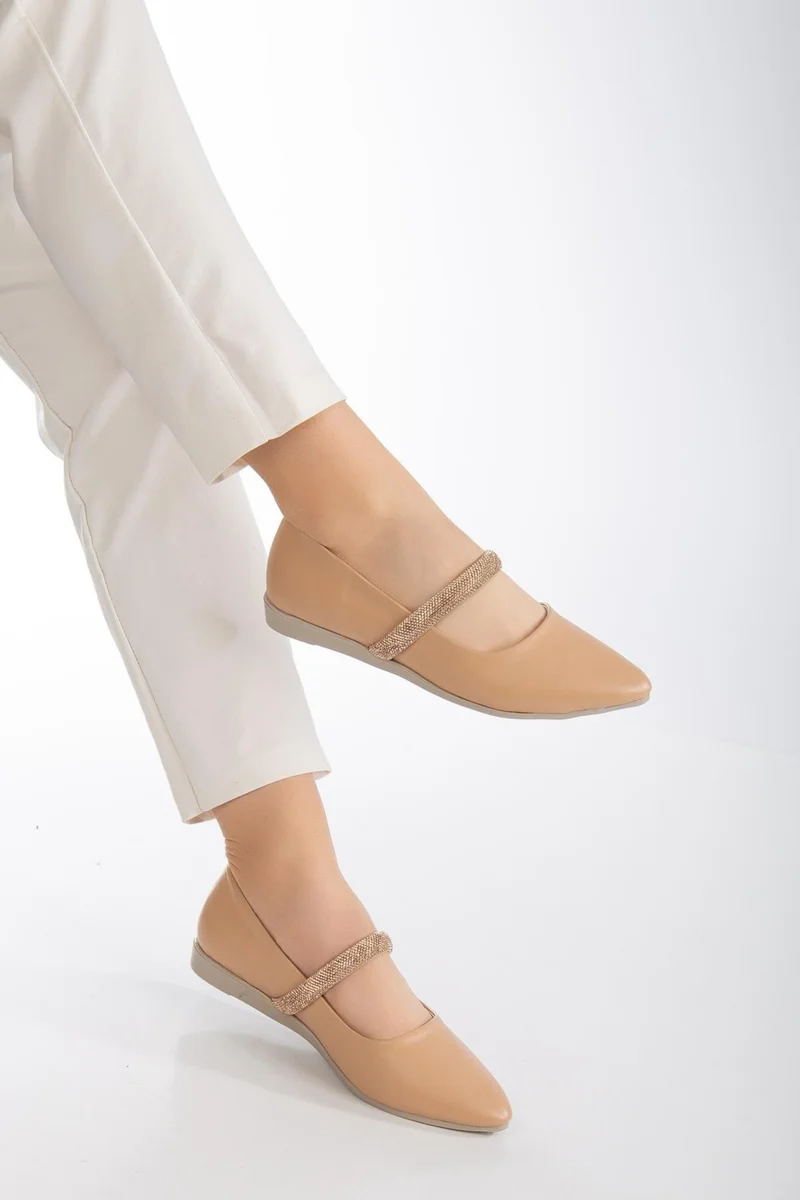 Dilimler Ayakkabı Thick Single Row Stone Skin Nude Women's Ballerinas