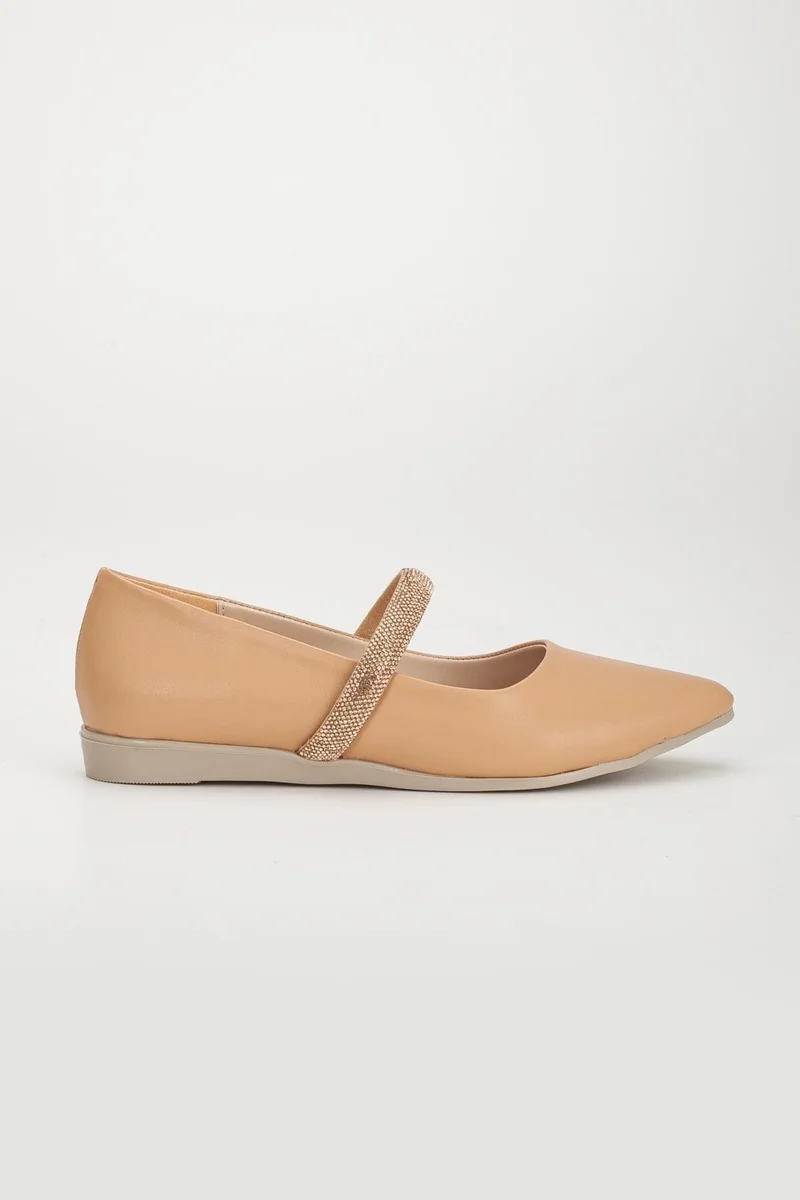 Dilimler Ayakkabı Thick Single Row Stone Skin Nude Women's Ballerinas