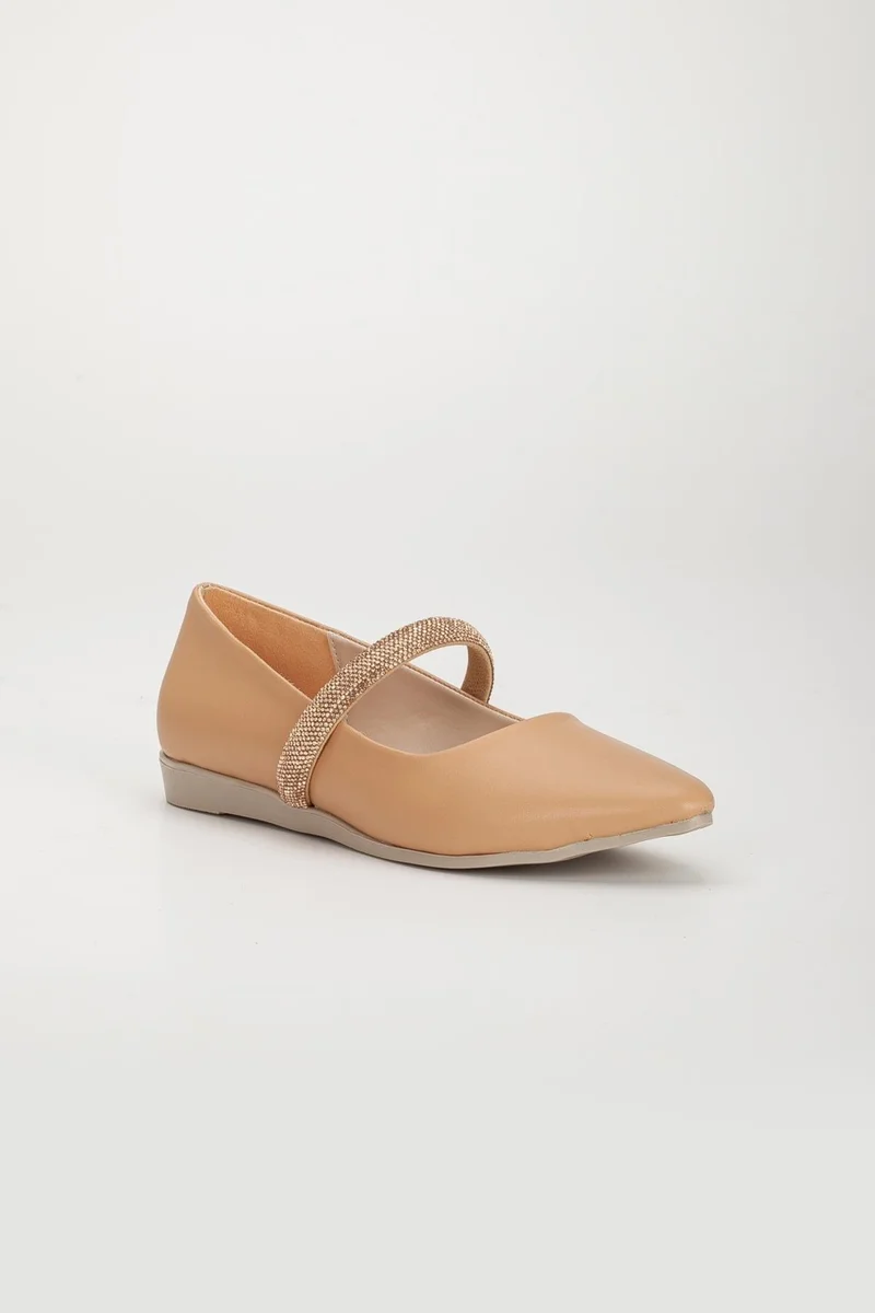 Dilimler Ayakkabı Thick Single Row Stone Skin Nude Women's Ballerinas