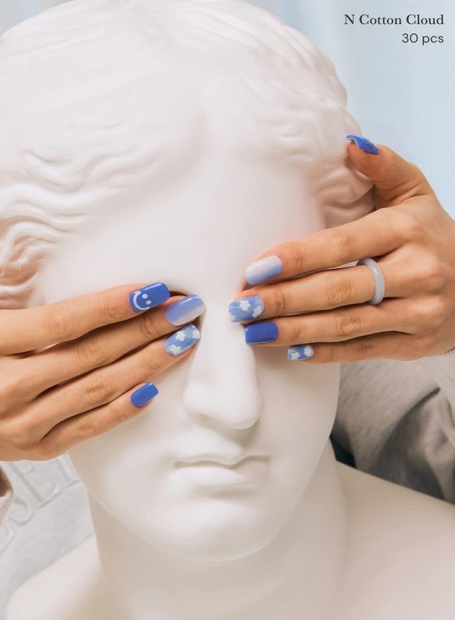ohora Semi Cured Gel Nail Strips (N Cotton Cloud) - Blue, Patterned, Works with UV/LED Lamps, Salon-Quality, Long Lasting, Easy to Apply & Remove - Includes 2 Prep Pads, Nail File & Wooden Stick - Image 4