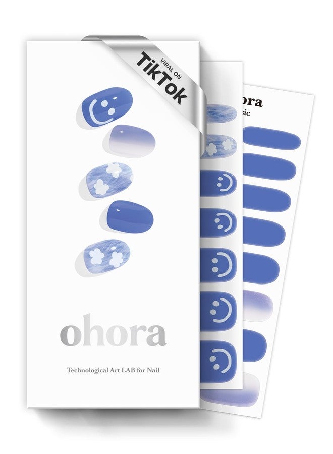 ohora Semi Cured Gel Nail Strips (N Cotton Cloud) - Blue, Patterned, Works with UV/LED Lamps, Salon-Quality, Long Lasting, Easy to Apply & Remove - Includes 2 Prep Pads, Nail File & Wooden Stick - Image 1