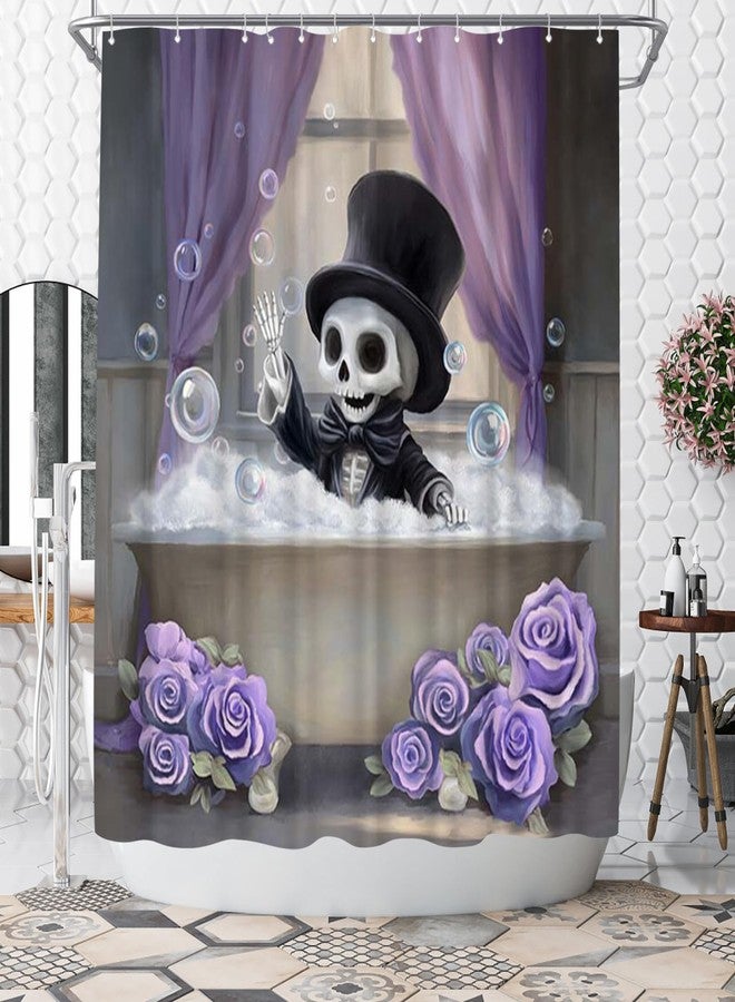 WELMECO Gothic Shower Curtain Skull and Rose Flower Print Funny Skull Shower Curtain Bathroom Decor, 72" Wx72 L, Skeleton Halloween Bath Decor (Purple) - Image 2