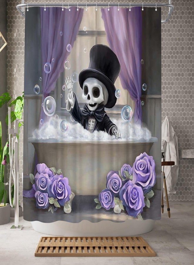 WELMECO Gothic Shower Curtain Skull and Rose Flower Print Funny Skull Shower Curtain Bathroom Decor, 72" Wx72 L, Skeleton Halloween Bath Decor (Purple) - Image 3