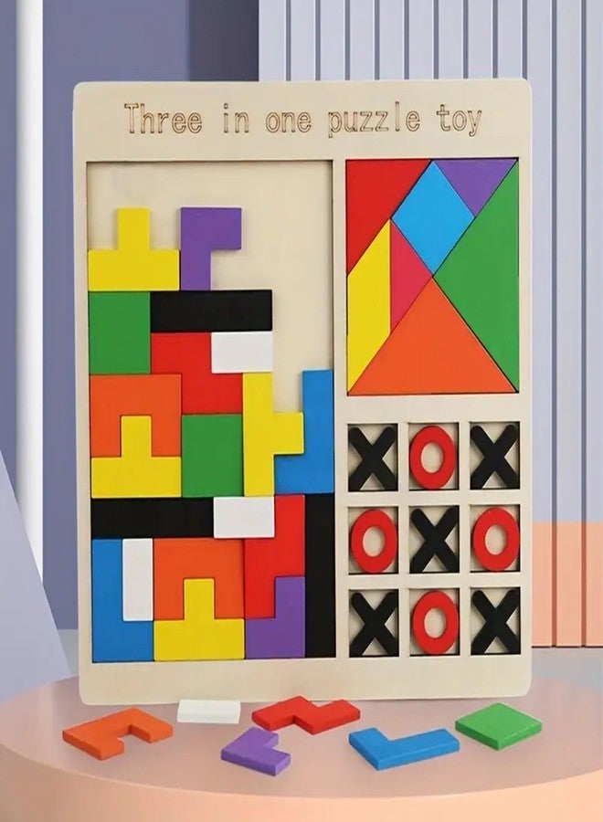 Dec Kitchenpro 3-in-1 Wooden Puzzle Board for Kids, Tangram Shape Puzzle, Color Matching Block Game & Tic Tac Toe Board, Montessori Educational Toy for Toddlers & Preschool Children - Image 2