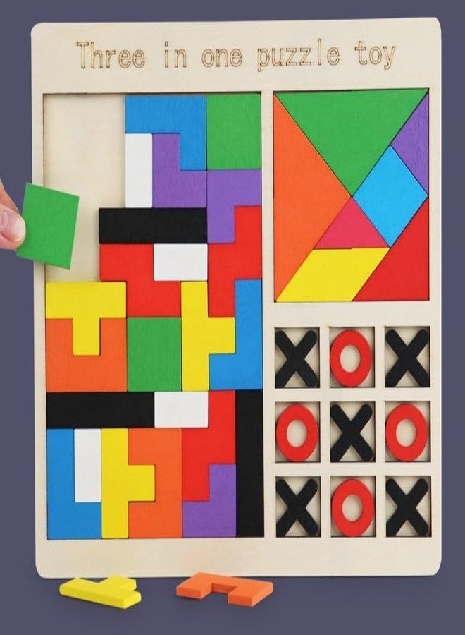 Dec Kitchenpro 3-in-1 Wooden Puzzle Board for Kids, Tangram Shape Puzzle, Color Matching Block Game & Tic Tac Toe Board, Montessori Educational Toy for Toddlers & Preschool Children - Image 5