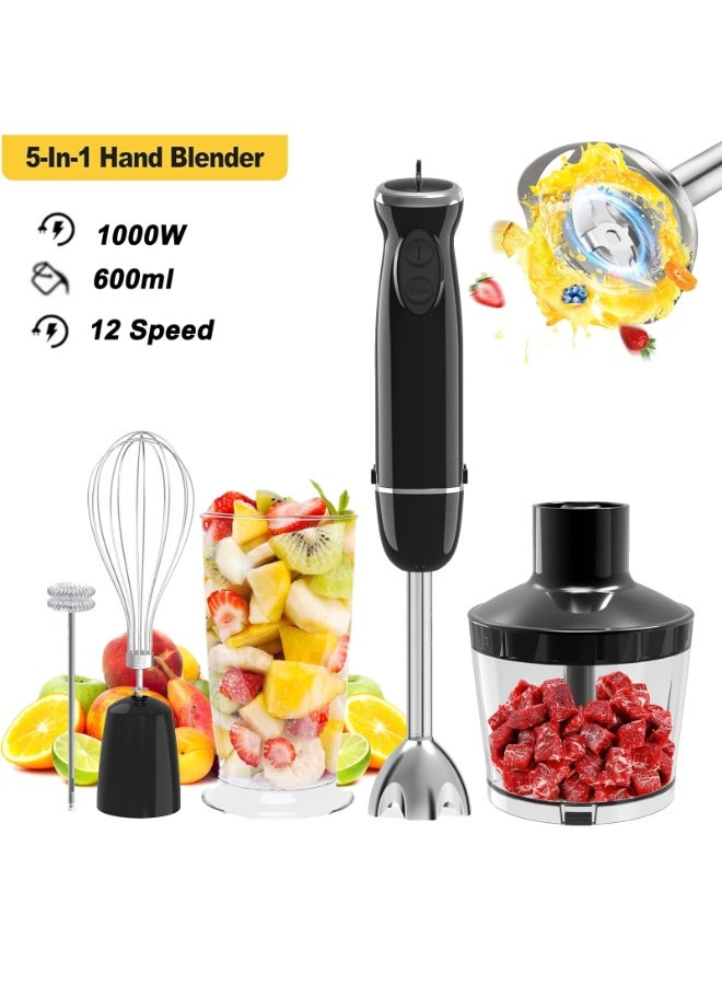 LBMT خلاط يدوي 1000 واط 5 في 1، خلاط كهربائي محمول باليد بـ 12 سرعة، دورق خلط سعة 600 مل، مفرمة سعة 500 مل، خفاقة، جهاز إزباد الحليب، لتحضير العصائر، طعام الأطفال، الصلصة - Image 2