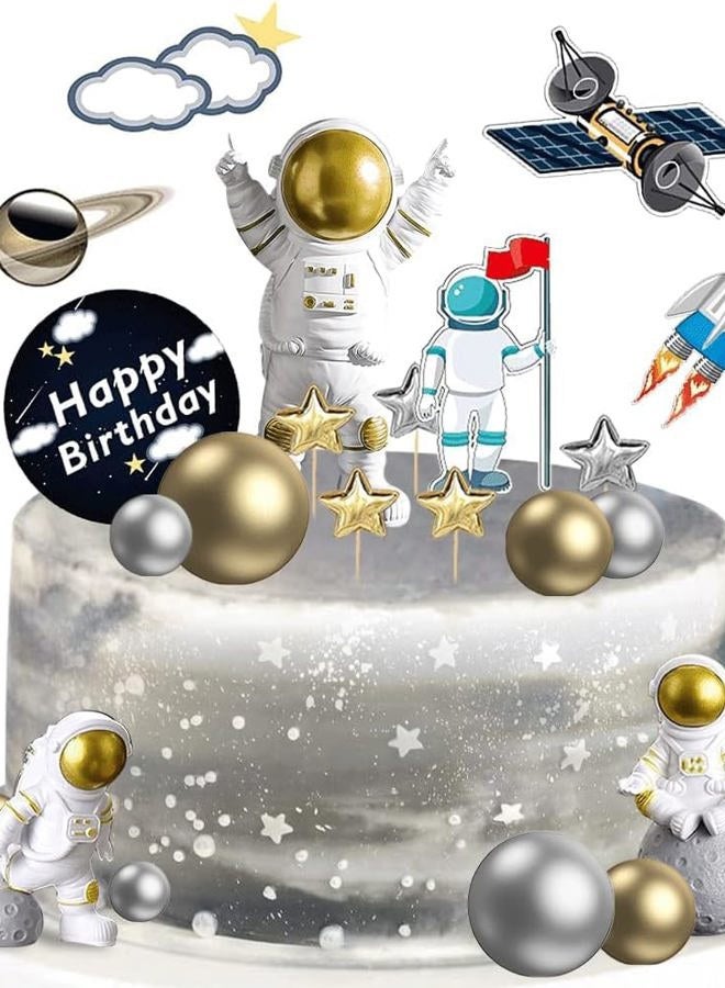 CANIPHA 22 Pcs Space Cake Topper,Outer Space Cupcake Toppers Astronaut Figurine Decorations Birthday Space Themed Party Supplies Planet Rocket Pearl Balls and Star DIY Cake Toppers for Kids Party Baby Shower - Image 1