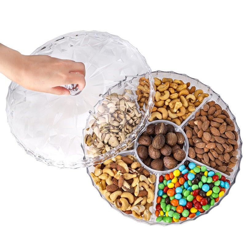 ZOOFOX Snack Serving Tray, 12" Appetizer Tray with Lid, 6 Compartments Round Plastic Food Storage Organizer for Dried Fruits, Nuts, Candies, Sweet Cookies and Fruits (Clear) - Image 5