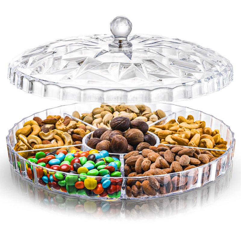 ZOOFOX Snack Serving Tray, 12" Appetizer Tray with Lid, 6 Compartments Round Plastic Food Storage Organizer for Dried Fruits, Nuts, Candies, Sweet Cookies and Fruits (Clear) - Image 1