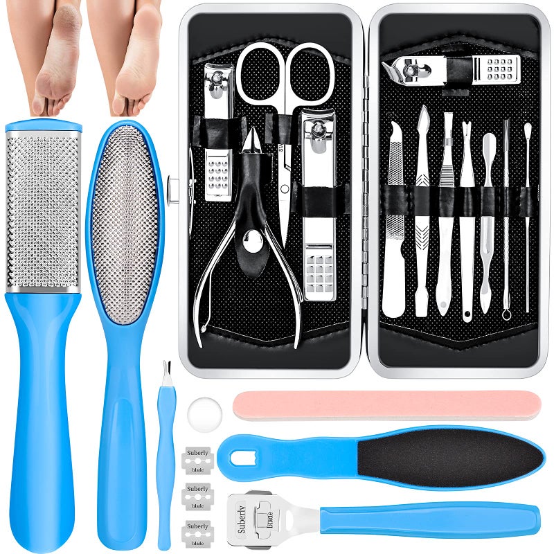 FINTOZER Pedicure Kits - Callus Remover for Feet, 23 in 1 Professional Manicure Set Pedicure Tools Stainless Steel Foot Care, Foot File Foot Rasp Dead Skin for Women Men Home Foot Spa Kit, Blue23 - Image 1