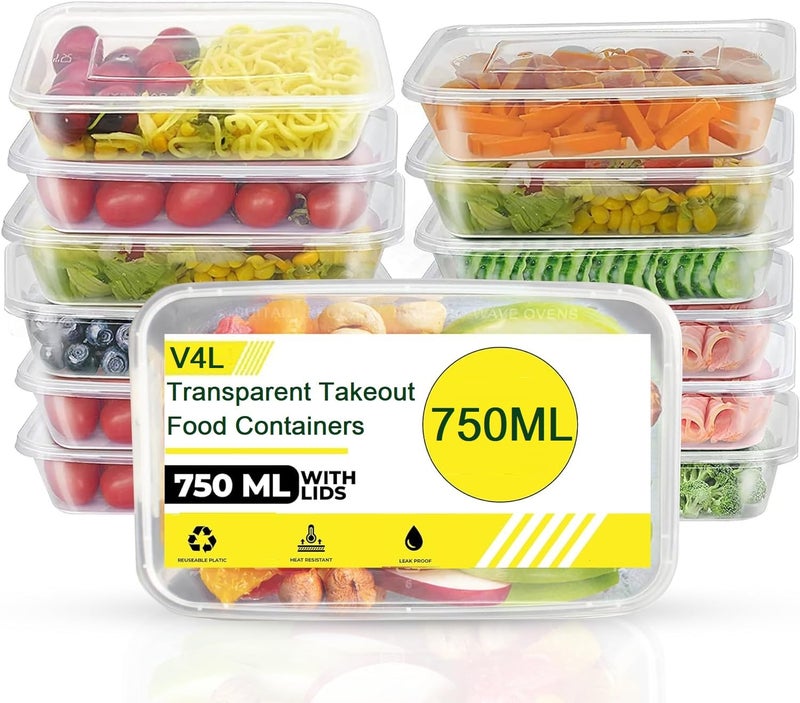 V4L Transparent Takeout Food Rectangular Containers Food Storage Containers With Lids Freezer Safe | Meal Prep | Microwavable Dishwasher | Leakproof | BPA Free (750ml Pack of 10) - Image 1