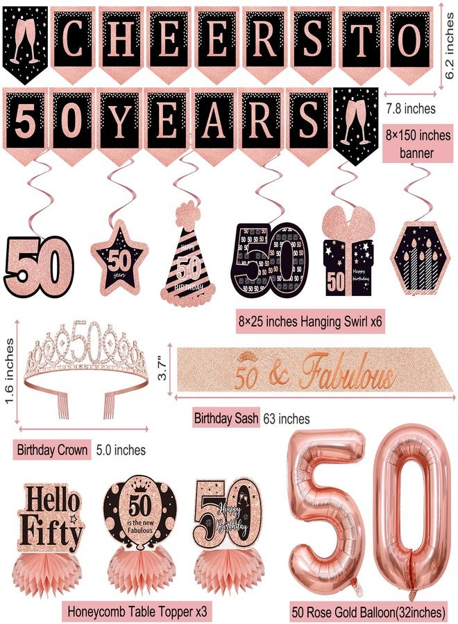 YeohJoy 14Pcs 50th Birthday Decorations for Her with Banner, Hanging Swirls, Balloons,Crown and Sash,Table Honeycombs Centerpieces, Happy 50th Birthday Decorations - Image 3