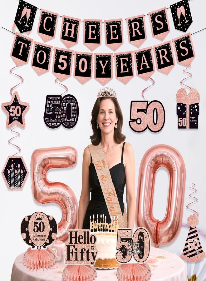 YeohJoy 14Pcs 50th Birthday Decorations for Her with Banner, Hanging Swirls, Balloons,Crown and Sash,Table Honeycombs Centerpieces, Happy 50th Birthday Decorations - Image 2