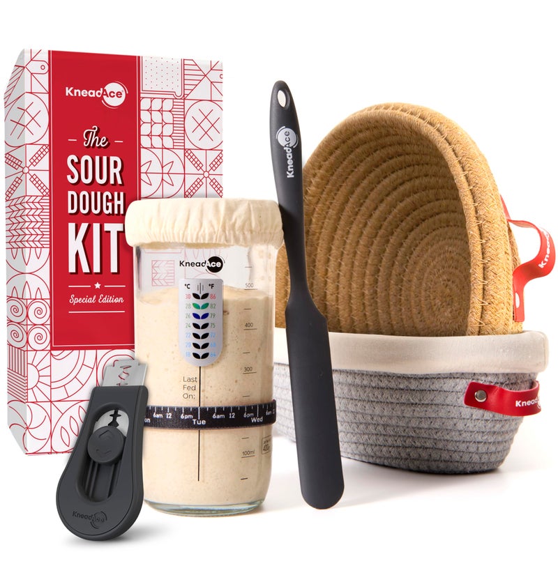 KneadAce Sourdough Starter Kit – 24oz Starter Jar, 2 Cotton Rope Banneton Proofing Baskets, Magnetic Bread Lame for Scoring – Gift for Bakers & Complete Sourdough Bread Baking Set - Image 1