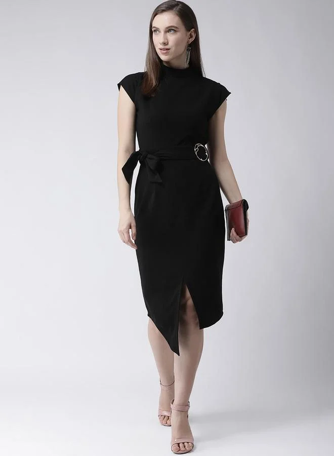 Kassually Kassually Women Black Solid Belted Asymmetric Hem Sheath Knee-Length Dress