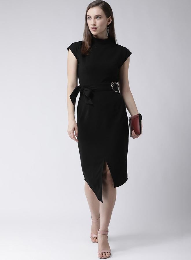 كاجوالي فستان نسائي أسود بحزام وحافة غير متماثلة من كاسوالي بطول الركبة - Image 1