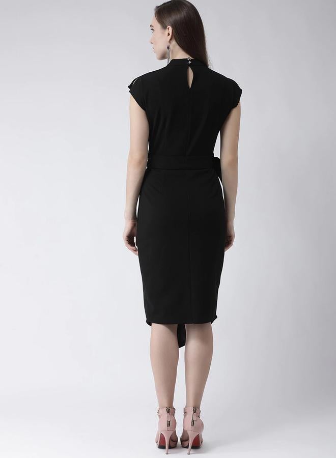 كاجوالي فستان نسائي أسود بحزام وحافة غير متماثلة من كاسوالي بطول الركبة - Image 3