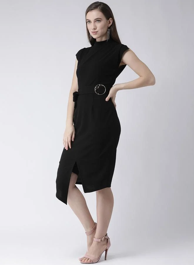 Kassually Kassually Women Black Solid Belted Asymmetric Hem Sheath Knee-Length Dress