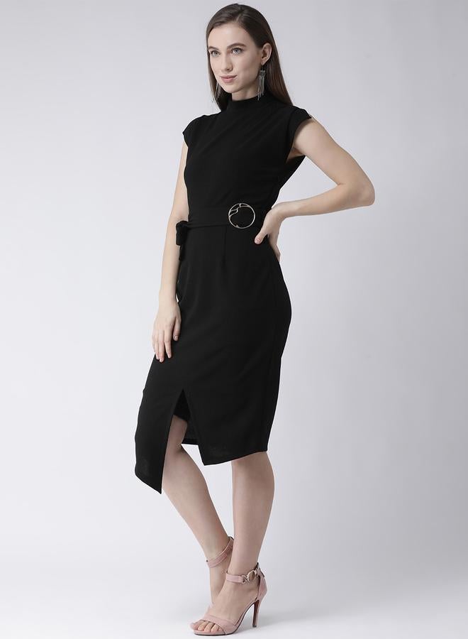 كاجوالي فستان نسائي أسود بحزام وحافة غير متماثلة من كاسوالي بطول الركبة - Image 2