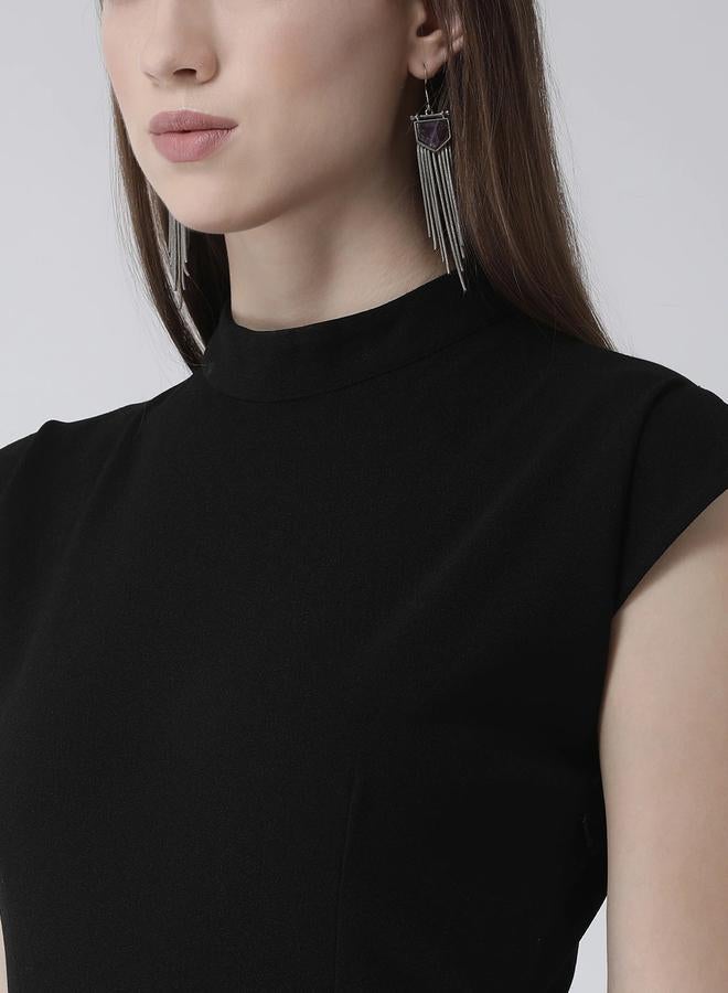 كاجوالي فستان نسائي أسود بحزام وحافة غير متماثلة من كاسوالي بطول الركبة - Image 5