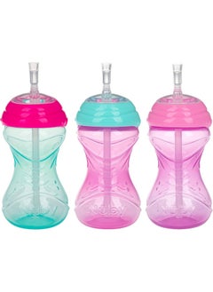 Nuby Nuby 3 Piece No-Spill Easy Grip Cup with Flex Straw, Clik It Lock Feature, Girl, 10 Ounce  - Image 1