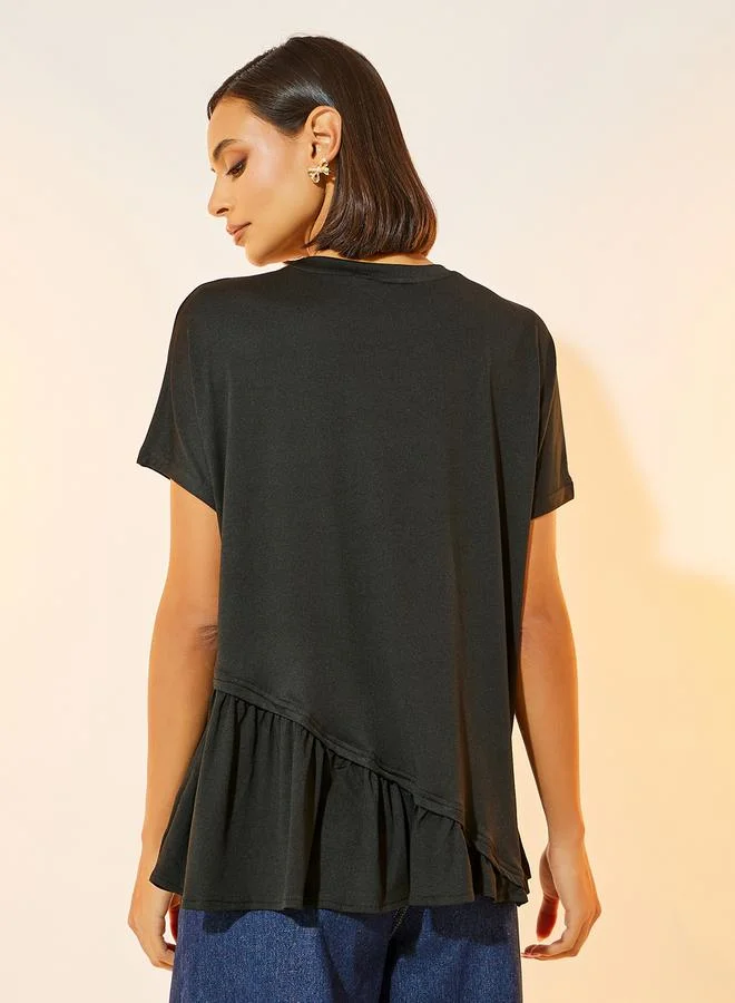 Take Two Solid Round Neck Ruffled Detail T-shirt