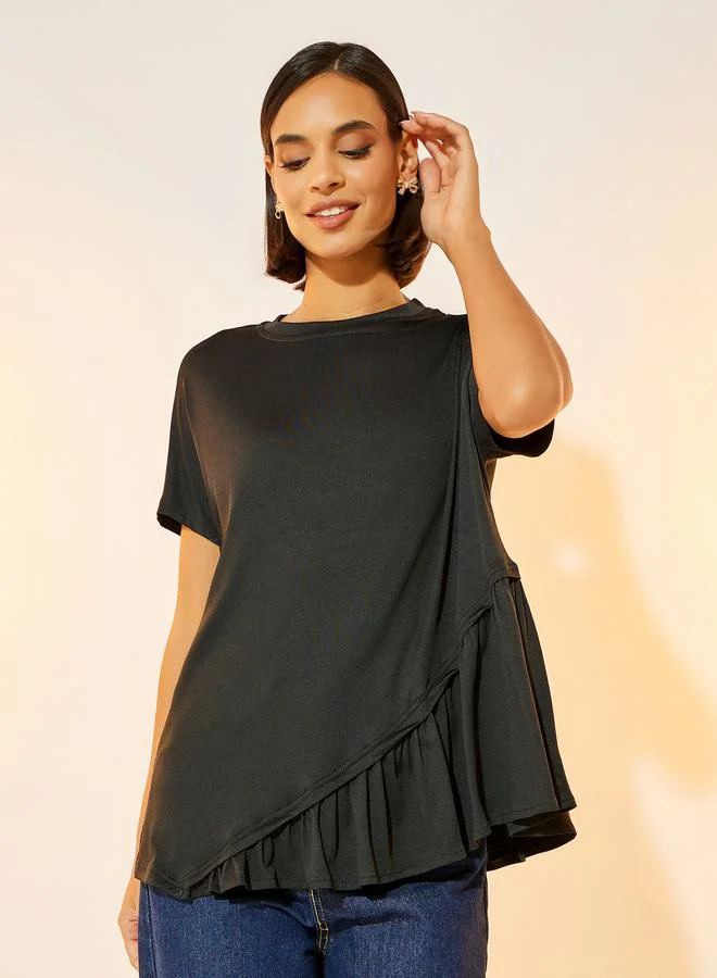 Take Two Solid Round Neck Ruffled Detail T-shirt