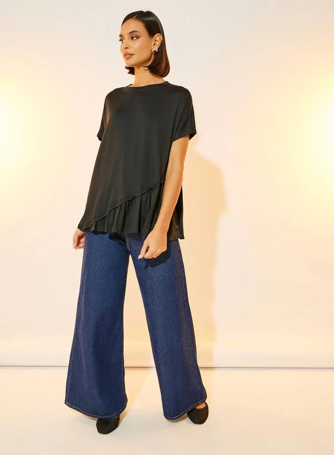 Take Two Solid Round Neck Ruffled Detail T-shirt