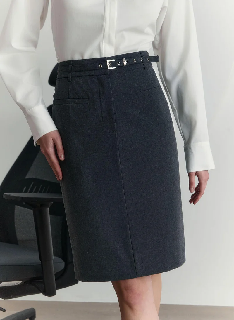 Lichi Knee-length mini skirt with imitation side pockets and a belt
