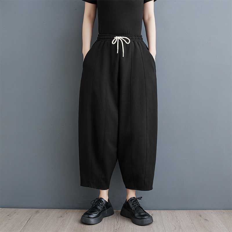 Spring and Summer 2024 New Korean Style plus size Loose Waist Lace-up Slim Look High Waist Wide Leg Pants Black Pants 
