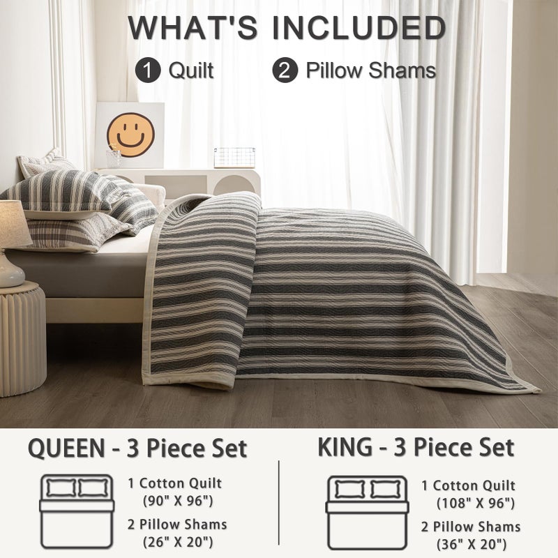 tohrisa Cotton Striped Quilt Set, Ultra Soft 3 Pieces Queen Size Bedding with 2 Pillow Shams, Lightweight Reversible Coverlet Bedspread with Wave Quilting for Summer, 90"x96", Stripe-Grey White - Image 5