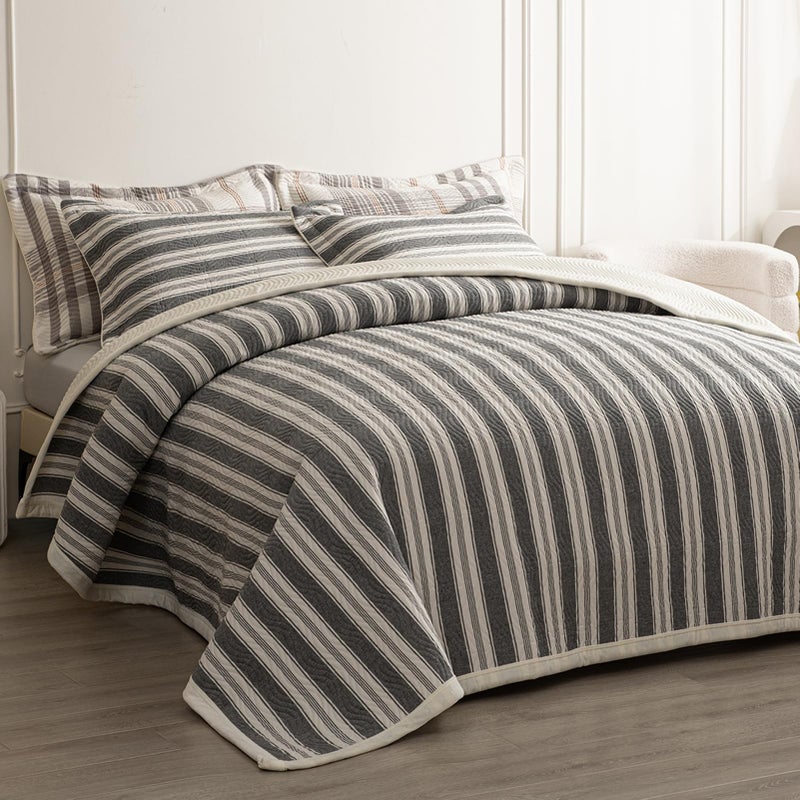 tohrisa Cotton Striped Quilt Set, Ultra Soft 3 Pieces Queen Size Bedding with 2 Pillow Shams, Lightweight Reversible Coverlet Bedspread with Wave Quilting for Summer, 90"x96", Stripe-Grey White - Image 1