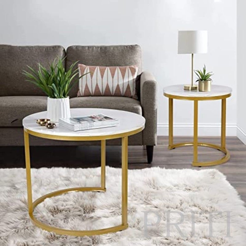 PritiModern Nesting Coffee Table Set of 2 for Living Room Balcony Office Round Wood Accent Side Coffee Tables with Sturdy Metal Frame and Marble Finish top - Image 4