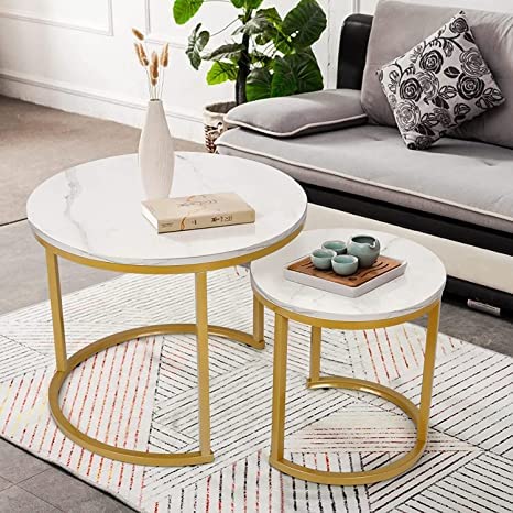 PritiModern Nesting Coffee Table Set of 2 for Living Room Balcony Office Round Wood Accent Side Coffee Tables with Sturdy Metal Frame and Marble Finish top - Image 1