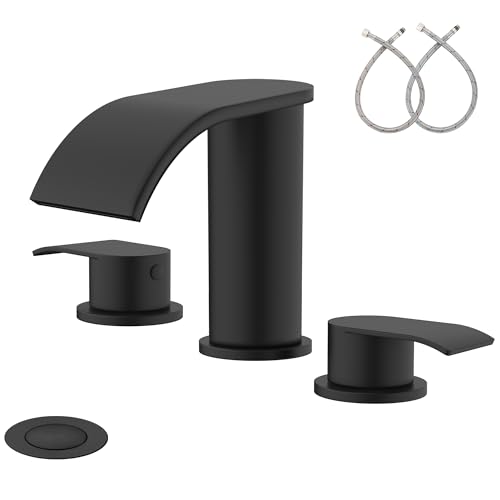 Ultimate Unicorn 8 inch Bathroom Faucet Matte Black, Waterfall Bathroom Sink Faucet Black with Metal Pop-up Sink Drain Stopper and 2 Supply Hoses,2 Handle Widespread Faucet for Vanity Sink 3 Holes - Image 1