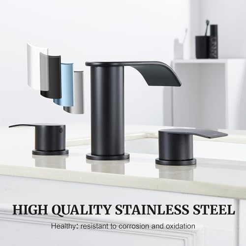 Ultimate Unicorn 8 inch Bathroom Faucet Matte Black, Waterfall Bathroom Sink Faucet Black with Metal Pop-up Sink Drain Stopper and 2 Supply Hoses,2 Handle Widespread Faucet for Vanity Sink 3 Holes - Image 5