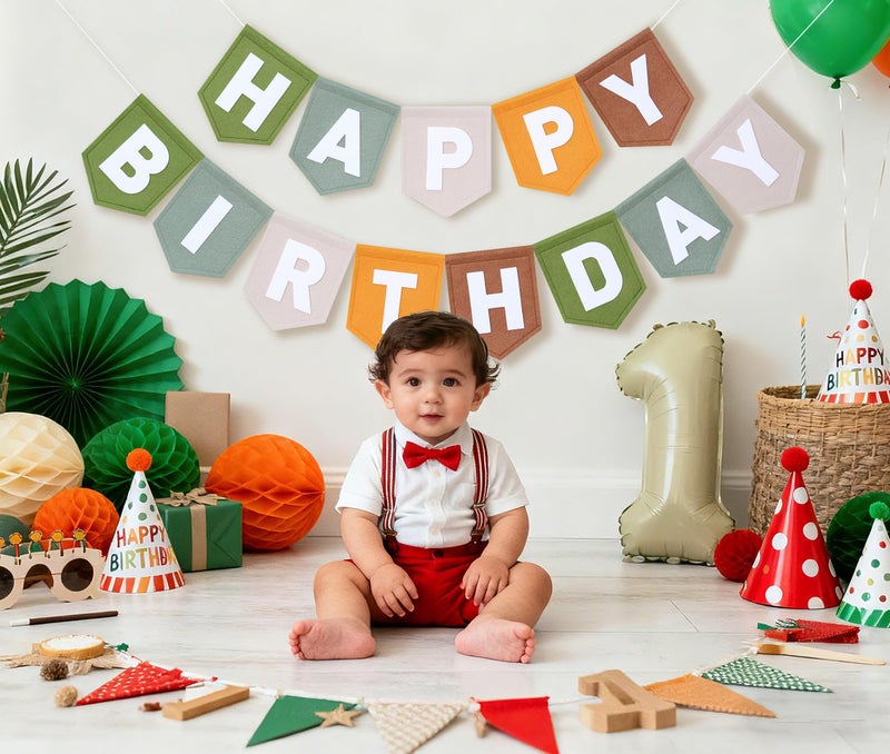 HODIHIWI Wild One Felt Green Happy Birthday Banner Birthday Decorations for Women Girls Boys Men Pets Handmade Party Backdrop - Image 4