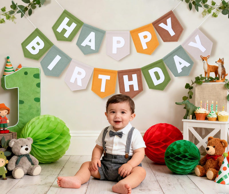 HODIHIWI Wild One Felt Green Happy Birthday Banner Birthday Decorations for Women Girls Boys Men Pets Handmade Party Backdrop - Image 3