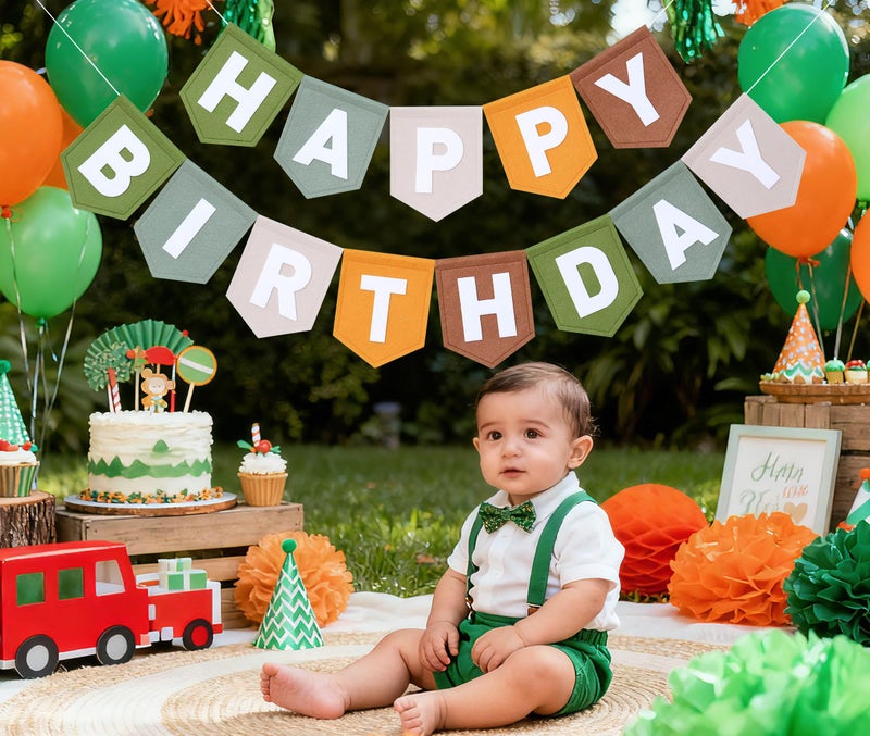 HODIHIWI Wild One Felt Green Happy Birthday Banner Birthday Decorations for Women Girls Boys Men Pets Handmade Party Backdrop - Image 2
