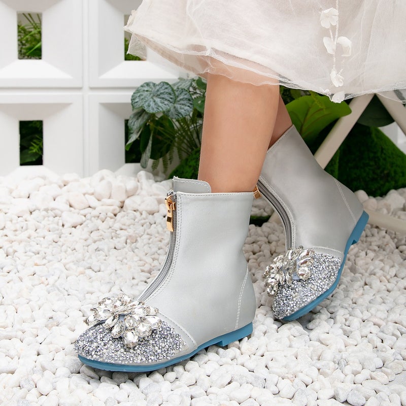 2024 Winter Girls Rhinestone Princess Boots Little Girls fleece-lined Warm Ankle Boots silver Square Toe Soft Bottom Rhinestone Boots - Image 1