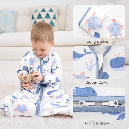 FIEMOL Baby Sleep Sack 6-12 Months, Long Sleeve Baby Wearable Blanket 0.5 Tog with Mittens, 2-Way Zipper Newborn Cotton Sleeping Sack for Boy and Girl Blue Whale 2 Pack (Medium) - Image 3