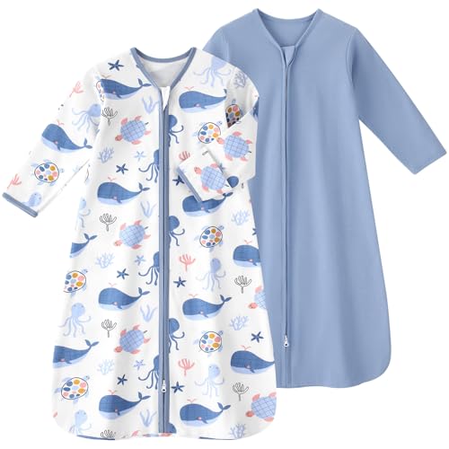 FIEMOL Baby Sleep Sack 6-12 Months, Long Sleeve Baby Wearable Blanket 0.5 Tog with Mittens, 2-Way Zipper Newborn Cotton Sleeping Sack for Boy and Girl Blue Whale 2 Pack (Medium) - Image 1