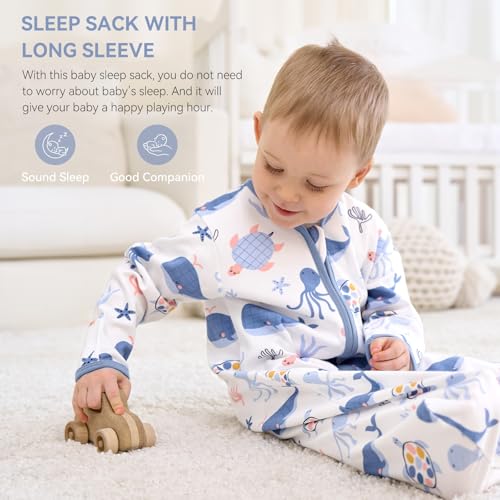 FIEMOL Baby Sleep Sack 6-12 Months, Long Sleeve Baby Wearable Blanket 0.5 Tog with Mittens, 2-Way Zipper Newborn Cotton Sleeping Sack for Boy and Girl Blue Whale 2 Pack (Medium) - Image 2