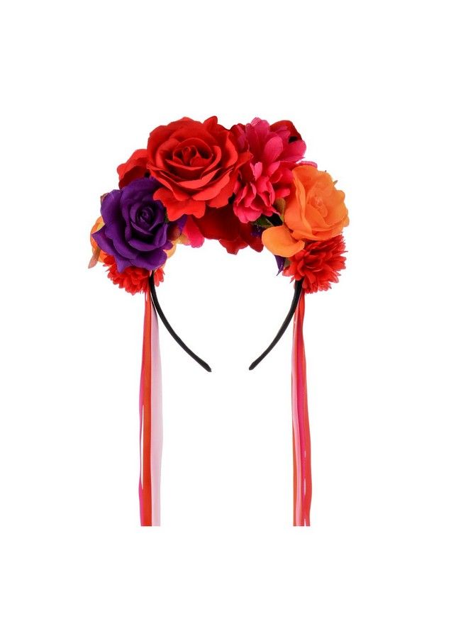 Floral Fall Day Of The Dead Flower Crown Festival Headband Rose Mexican Floral Headpiece Hc23 (Red Purple) - Image 1