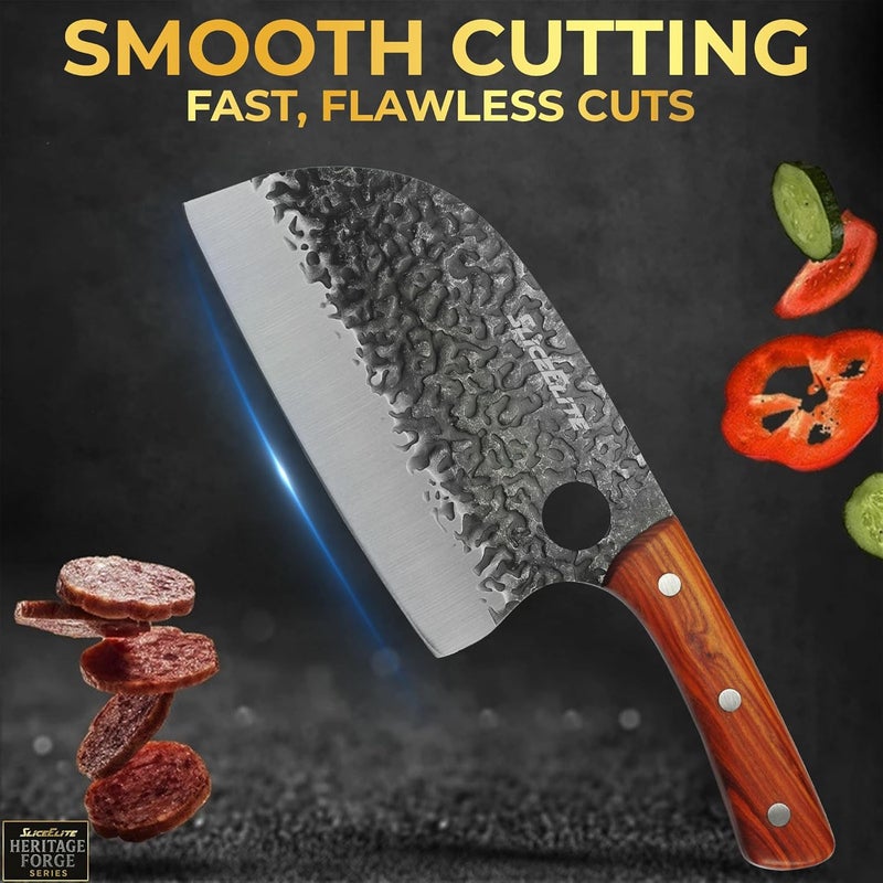 SliceElite Heritage Forge Series Hand Forged Serbian Chef Knife 7 Inch German High Carbon Steel Sandalwood Handle Butcher Carving Chopping Meat Cutter Kitchen Outdoor BBQ Great Gift for Men and Women - Image 5