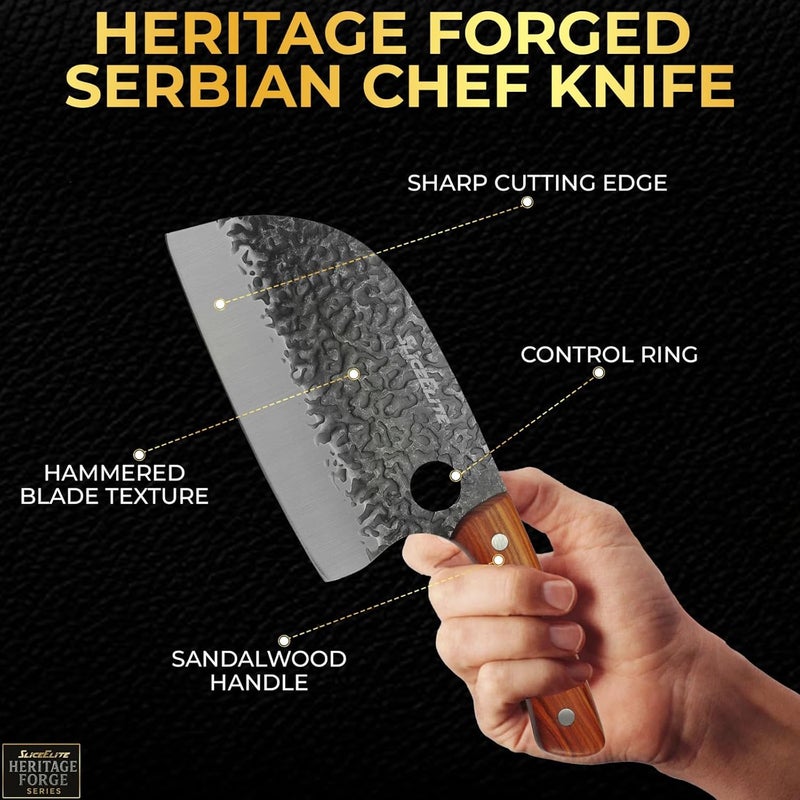 SliceElite Heritage Forge Series Hand Forged Serbian Chef Knife 7 Inch German High Carbon Steel Sandalwood Handle Butcher Carving Chopping Meat Cutter Kitchen Outdoor BBQ Great Gift for Men and Women - Image 2