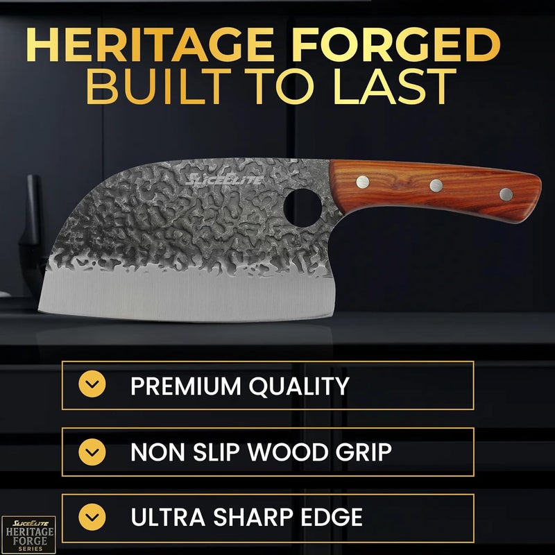 SliceElite Heritage Forge Series Hand Forged Serbian Chef Knife 7 Inch German High Carbon Steel Sandalwood Handle Butcher Carving Chopping Meat Cutter Kitchen Outdoor BBQ Great Gift for Men and Women - Image 4