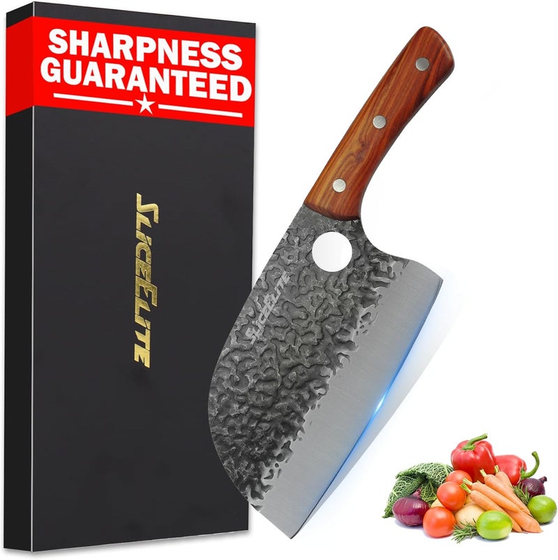 SliceElite Heritage Forge Series Hand Forged Serbian Chef Knife 7 Inch German High Carbon Steel Sandalwood Handle Butcher Carving Chopping Meat Cutter Kitchen Outdoor BBQ Great Gift for Men and Women - Image 1