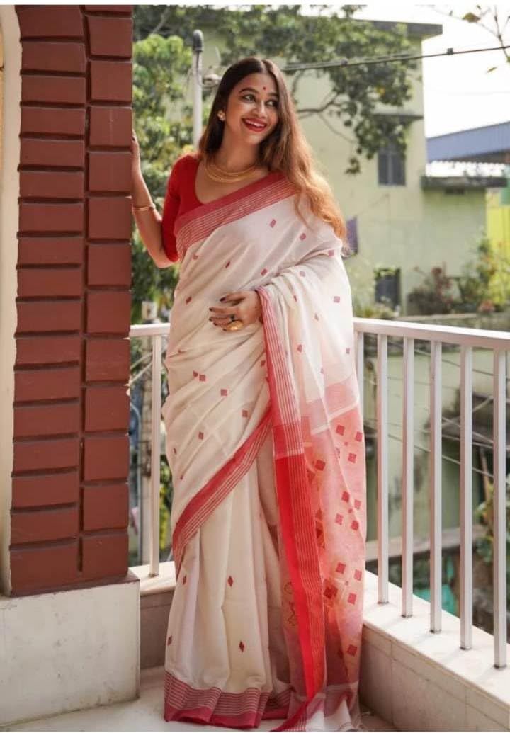 C J Enterprise Women’s Pure Soft Cotton Saree Linen For Silk Sarees Latest Party Design Wear Kalamkari Wedding Sadi With Blouse Piece Sari South Mulmul ikkat Mul Print 2025 New (Swastik White Red) - Image 2