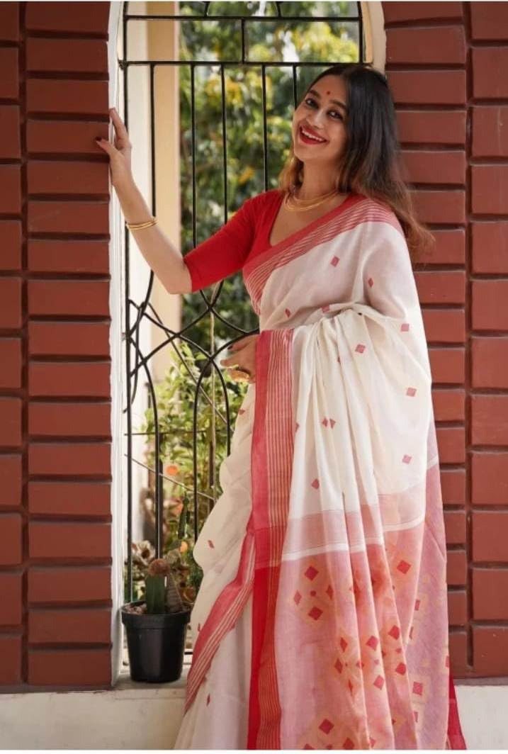 C J Enterprise Women’s Pure Soft Cotton Saree Linen For Silk Sarees Latest Party Design Wear Kalamkari Wedding Sadi With Blouse Piece Sari South Mulmul ikkat Mul Print 2025 New (Swastik White Red) - Image 5